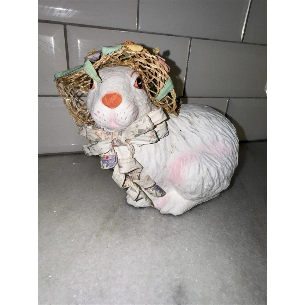 VINTAGE PAPER MACHE SITTING GIRL BUNNY W/ STRAW HAT MADE IN THE‎ PHILIPPINES